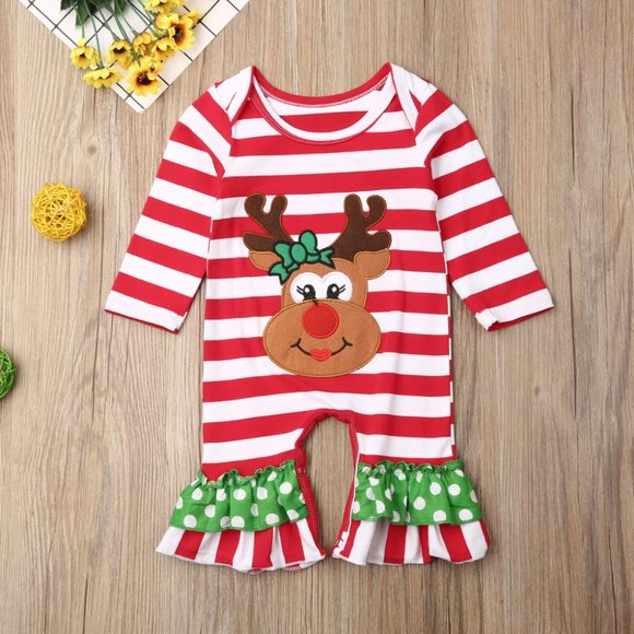 NEW Infant Girl's Stripe Reindeer Christmas Romper - Picture 1 of 4